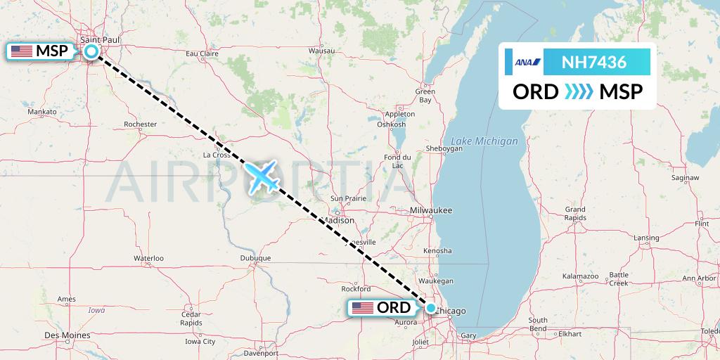 NH7436 All Nippon Airways Flight Map: Chicago to Minneapolis