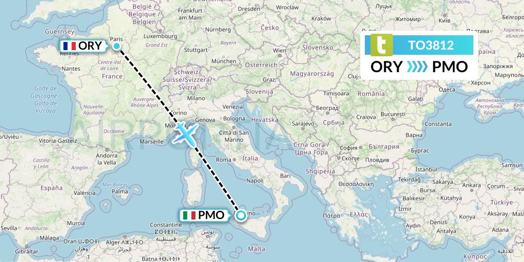 TO3812 Transavia France Flight Map: Paris to Palermo