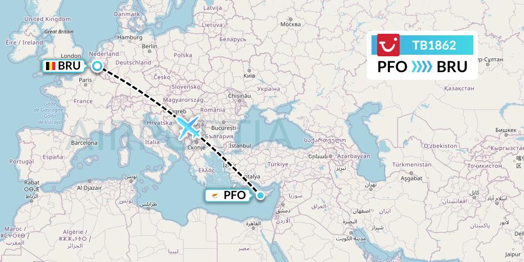 TB1862 TUI fly Belgium Flight Map: Pafos to Brussels