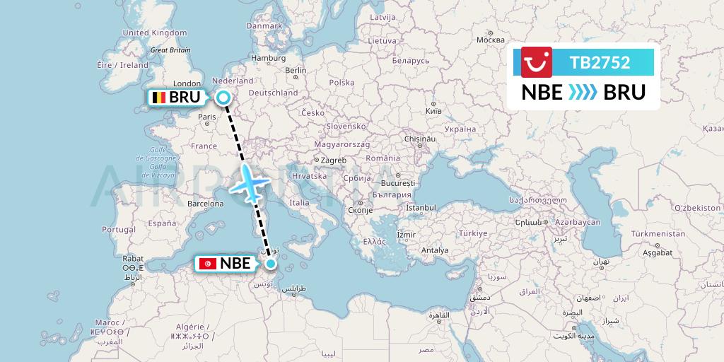 TB2752 TUI fly Belgium Flight Map: Enfidha to Brussels