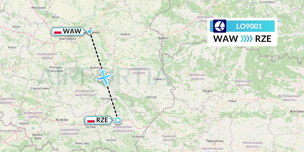 LO9001 LOT Flight Map: Warsaw to Rzeszow