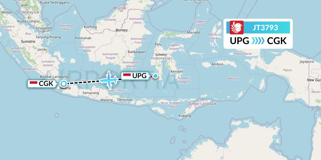 JT3793 Lion Airlines Flight Map: Makassar to Jakarta