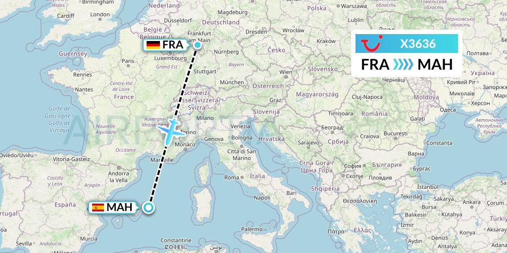 X3636 TUI fly Germany Flight Map: Frankfurt to Mahon