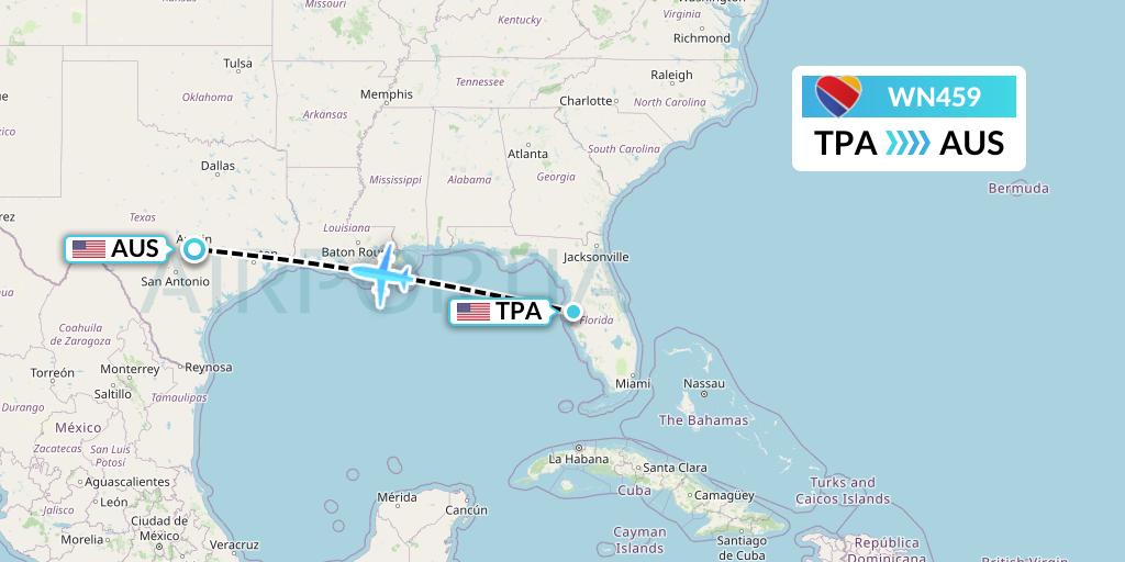 WN459 Southwest Airlines Flight Map: Tampa to Austin