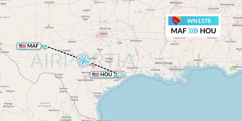 WN1378 Southwest Airlines Flight Map: Midland to Houston