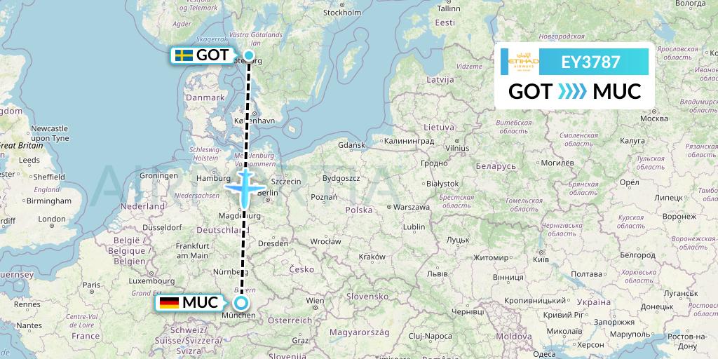 EY3787 Etihad Airways Flight Map: Gothenburg to Munich