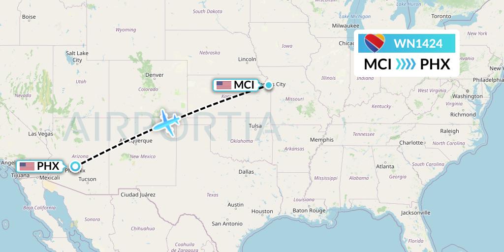 WN1424 Southwest Airlines Flight Map: Kansas City to Phoenix