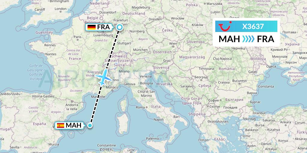 X3637 TUI fly Germany Flight Map: Mahon to Frankfurt