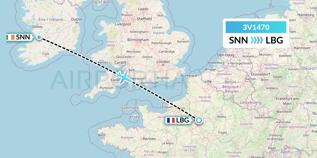 3V1470 ASL Airlines Belgium Flight Map: Shannon to Paris