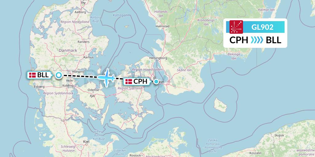 GL902 Air Greenland Flight Map: Copenhagen to Billund