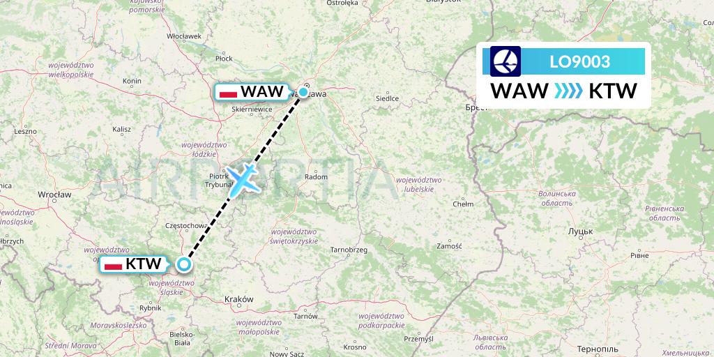 LO9003 LOT Flight Map: Warsaw to Katowice