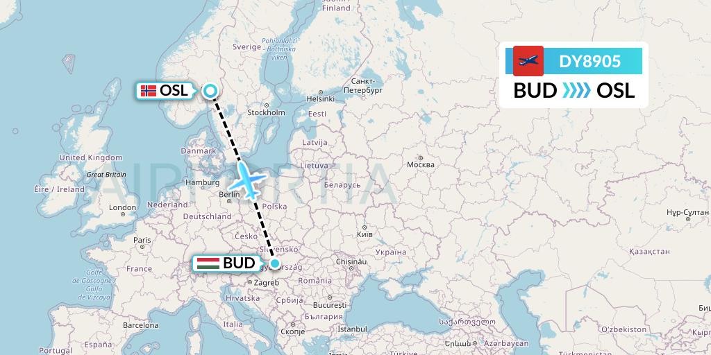 DY8905 Norwegian Flight Map: Budapest to Oslo