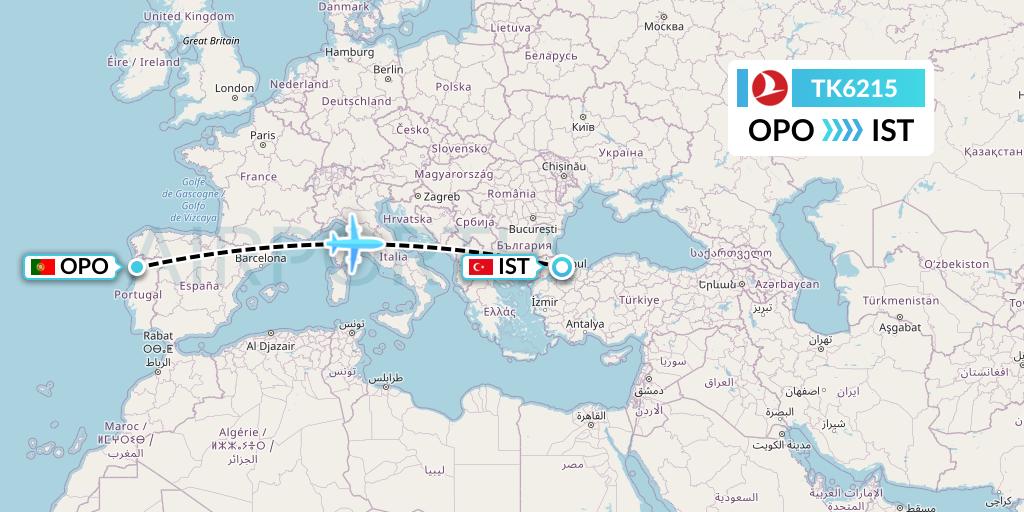 TK6215 Turkish Airlines Flight Map: Porto to Istanbul