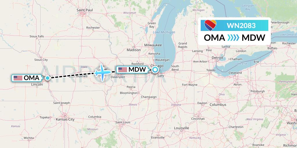 WN2083 Southwest Airlines Flight Map: Omaha to Chicago