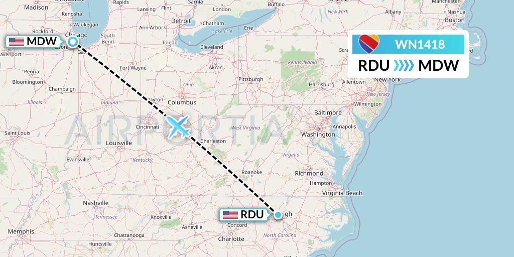 WN1418 Southwest Airlines Flight Map: Raleigh-Durham to Chicago