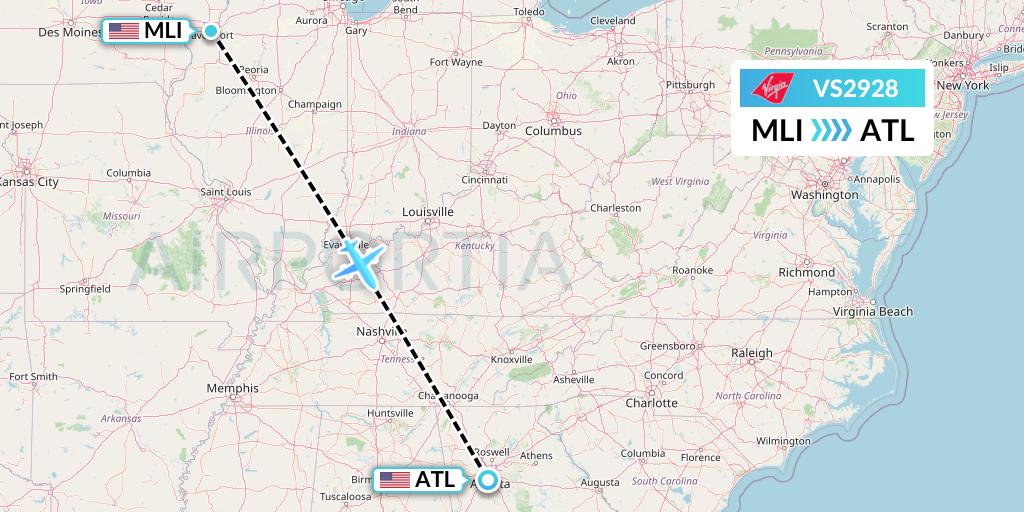 VS2928 Virgin Atlantic Airways Flight Map: Moline to Atlanta