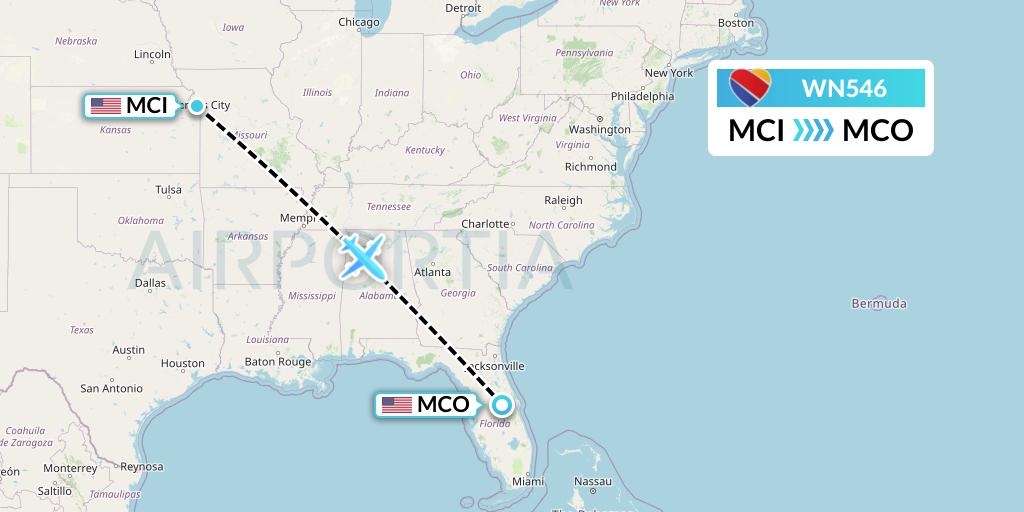 WN546 Southwest Airlines Flight Map: Kansas City to Orlando