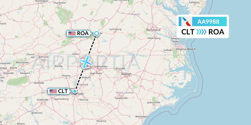 AA9988 American Airlines Flight Map: Charlotte to Roanoke