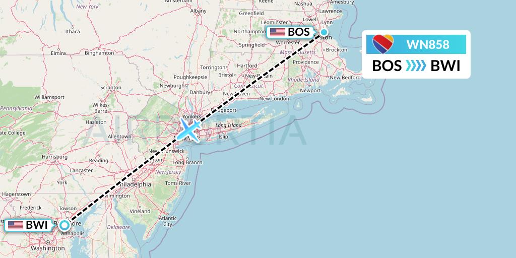 WN858 Southwest Airlines Flight Map: Boston to Baltimore