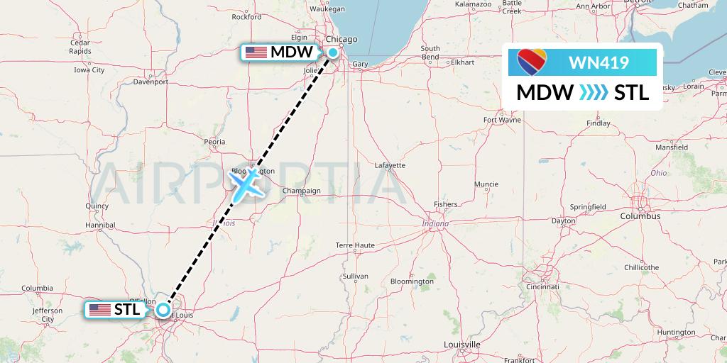 WN419 Southwest Airlines Flight Map: Chicago to St. Louis