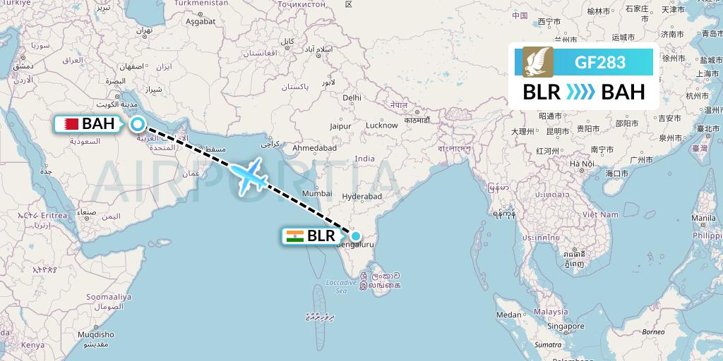 GF283 Gulf Air Flight Map: Bangalore to Bahrain