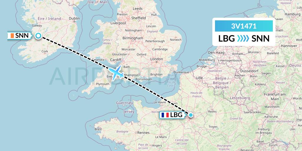 3V1471 ASL Airlines Belgium Flight Map: Paris to Shannon
