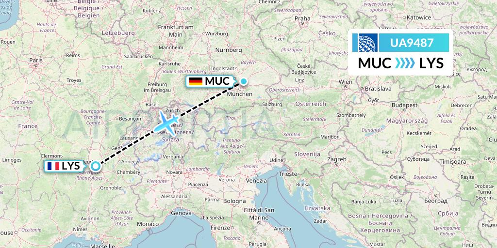 UA9487 United Airlines Flight Map: Munich to Lyon