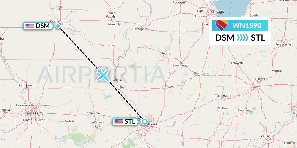 WN1590 Southwest Airlines Flight Map: Des Moines to St. Louis