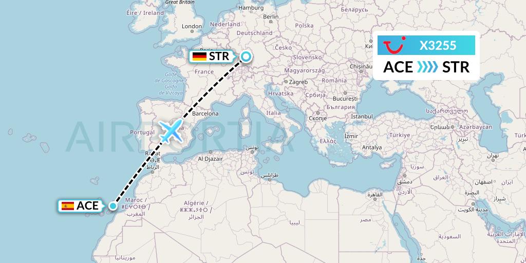 X3255 TUI fly Germany Flight Map: Lanzarote to Stuttgart