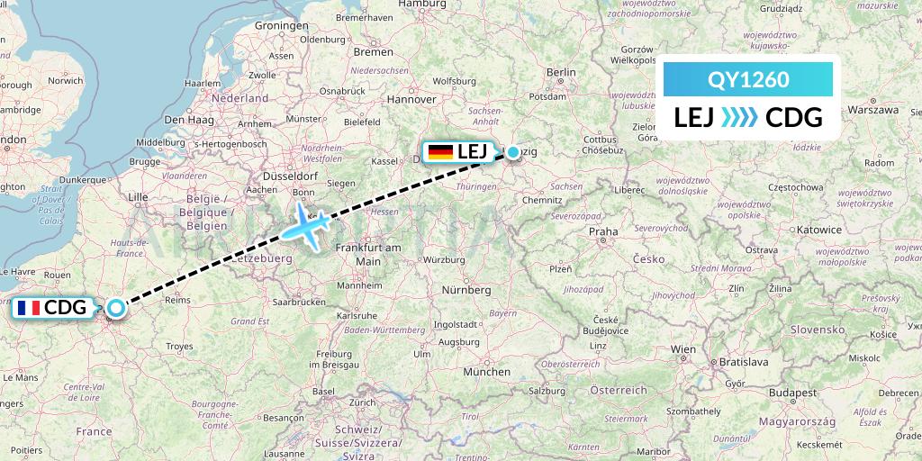 QY1260 European Air Transport Flight Map: Leipzig to Paris