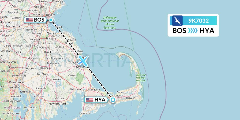 9K7032 Cape Air Flight Map: Boston to Hyannis