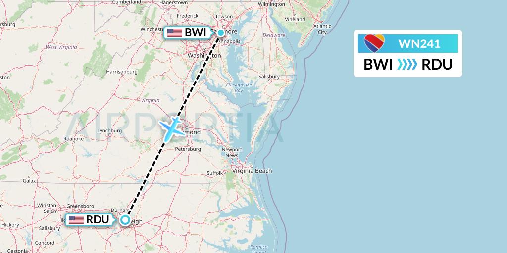 WN241 Southwest Airlines Flight Map: Baltimore to Raleigh-Durham