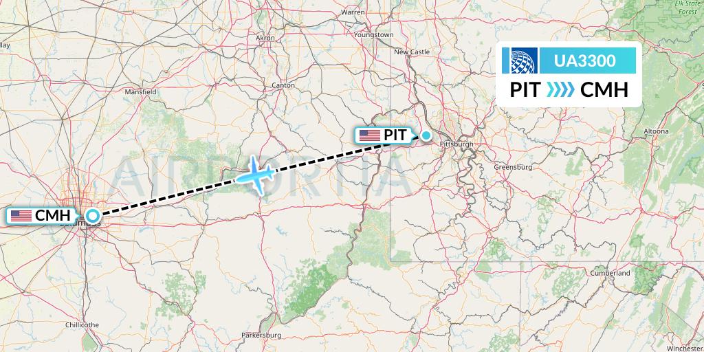 UA3300 United Airlines Flight Map: Pittsburgh to Columbus