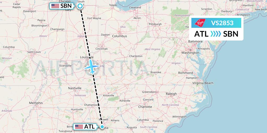 VS2853 Virgin Atlantic Airways Flight Map: Atlanta to South Bend