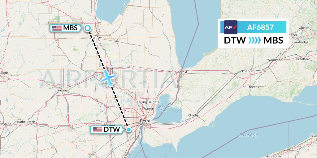 AF6857 Air France Flight Map: Detroit to Saginaw