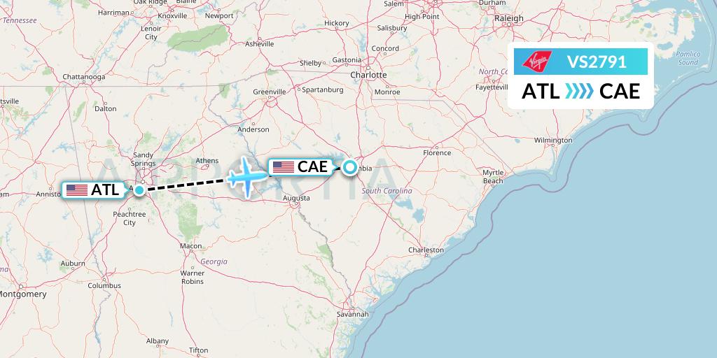 VS2791 Virgin Atlantic Airways Flight Map: Atlanta to Columbia