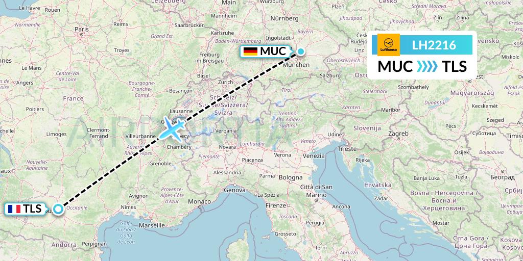 LH2216 Lufthansa Flight Map: Munich to Toulouse