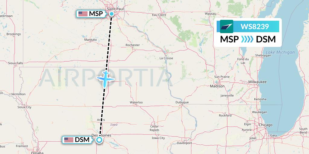 WS8239 WestJet Flight Map: Minneapolis to Des Moines