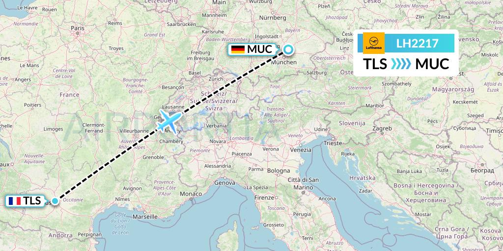 LH2217 Lufthansa Flight Map: Toulouse to Munich