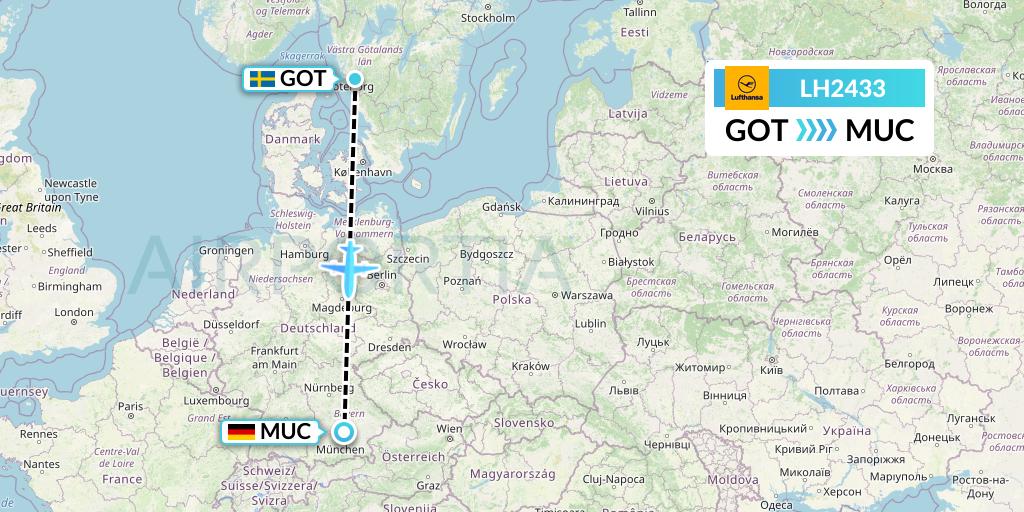 LH2433 Lufthansa Flight Map: Gothenburg to Munich