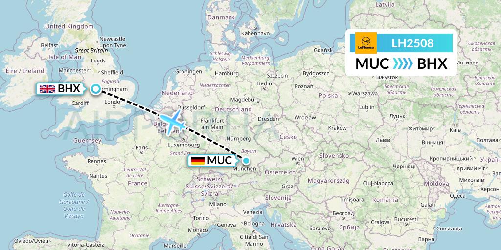 LH2508 Lufthansa Flight Map: Munich to Birmingham