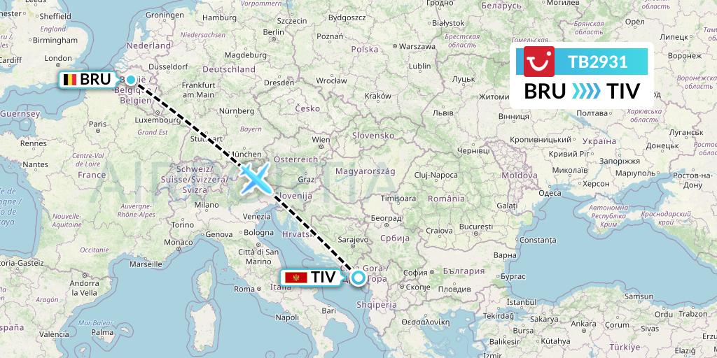 TB2931 TUI fly Belgium Flight Map: Brussels to Tivat