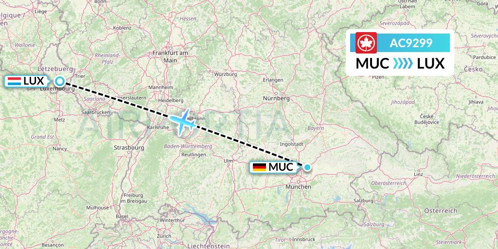 AC9299 Air Canada Flight Map: Munich to Luxembourg