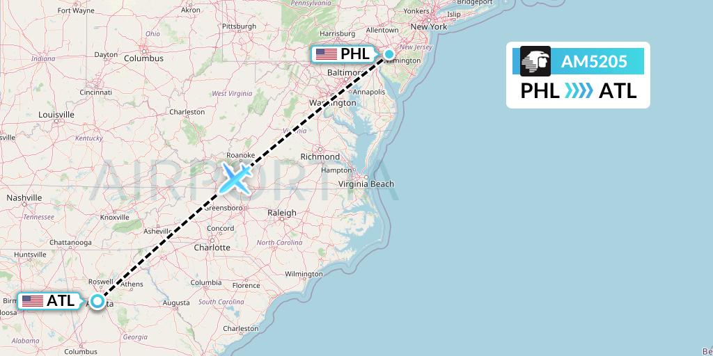 AM5205 Aeromexico Flight Map: Philadelphia to Atlanta