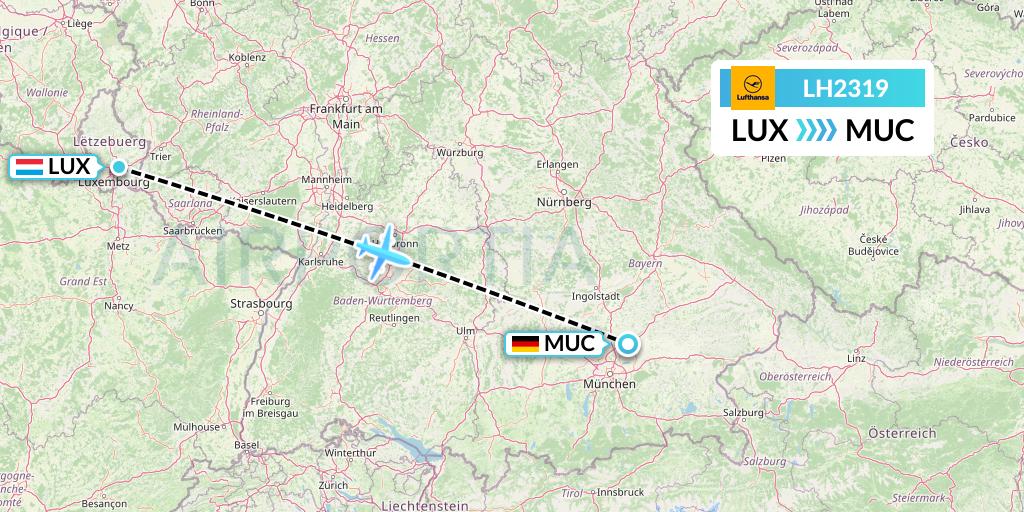 LH2319 Lufthansa Flight Map: Luxembourg to Munich