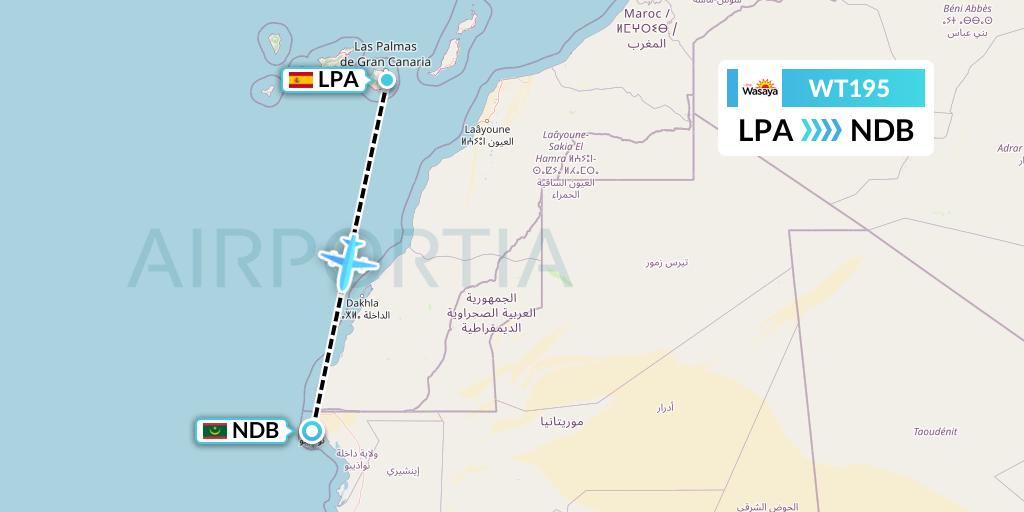 WT195 Swiftair Flight Map: Las Palmas to Nouadhibou