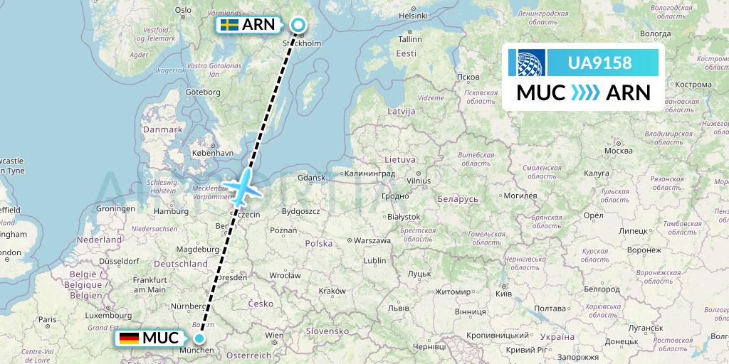 UA9158 United Airlines Flight Map: Munich to Stockholm