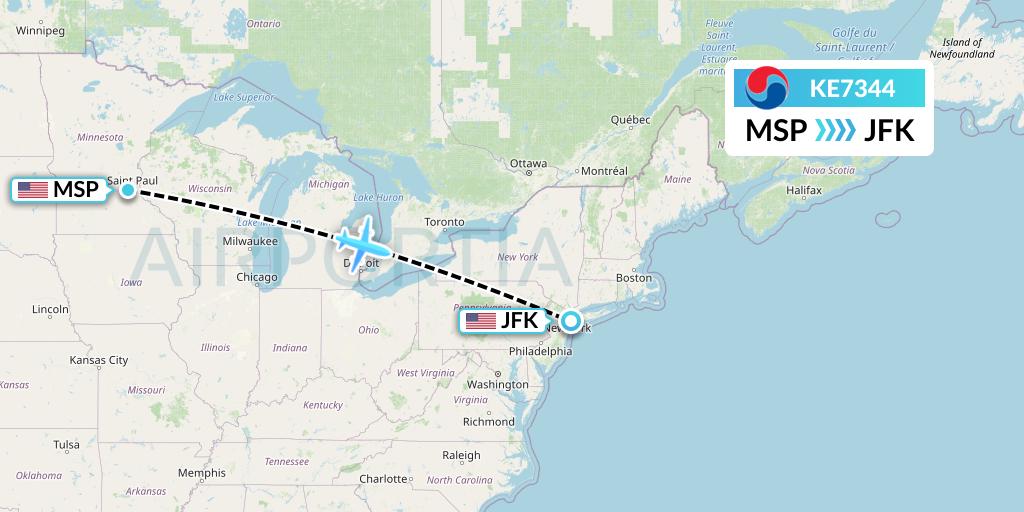 KE7344 Korean Air Flight Map: Minneapolis to New York
