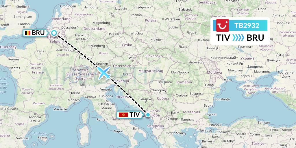 TB2932 TUI fly Belgium Flight Map: Tivat to Brussels