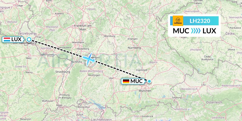 LH2320 Lufthansa Flight Map: Munich to Luxembourg